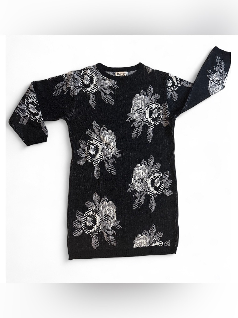 Sweet Baby Jane Black Knit Sweater Dress with Silver Floral Motif
